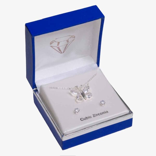 Silver-Tone CZ Butterfly Pendant & Earring Set - image 