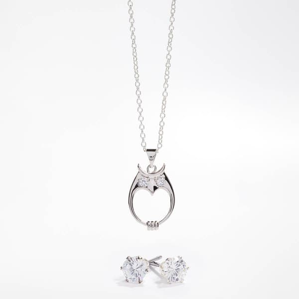 Silver-Tone CZ Owl Pendant & Earring Set - image 