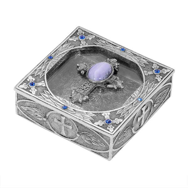 Symbols of Faith Pewter Blue Semi-Precious Stone Rosary Box - image 