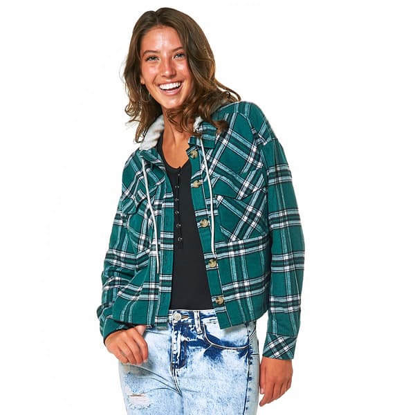 Juniors No Comment Plaid Box Fit Flannel Hooded Jacket