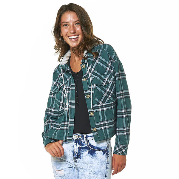 Juniors No Comment Plaid Box Fit Flannel Hooded Jacket - image 