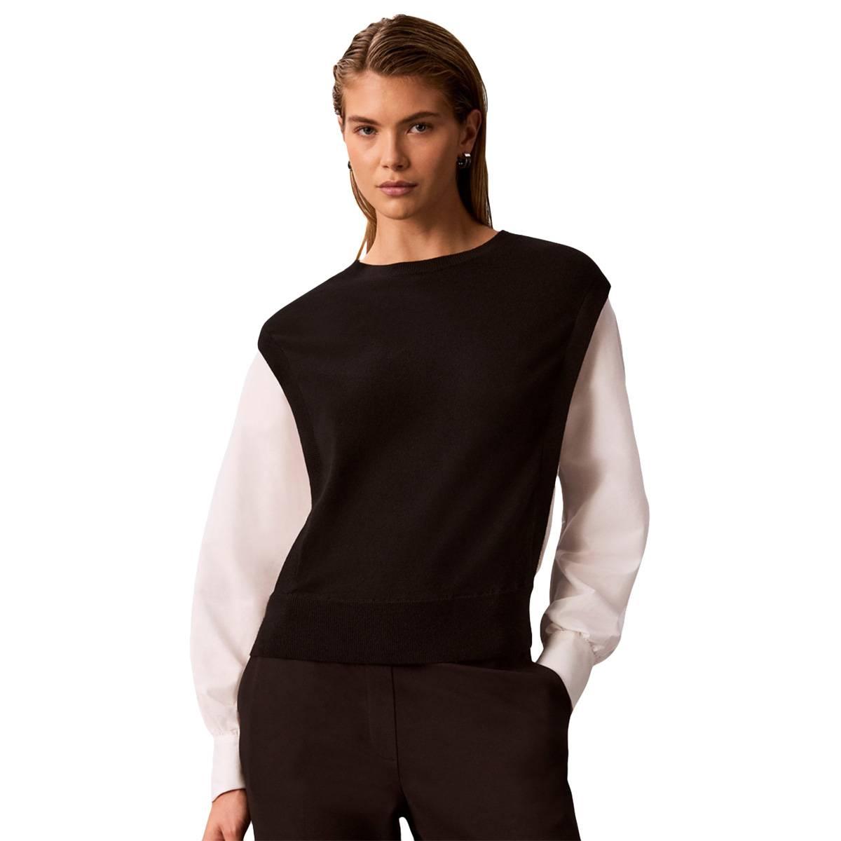 Womens Calvin Klein Long Sleeve Poplin Open Side Twofer Sweater
