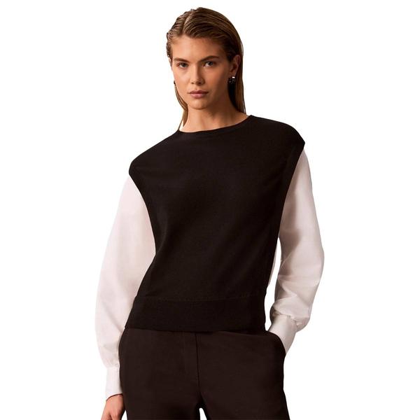 Womens Calvin Klein Long Sleeve Poplin Open Side Twofer Sweater