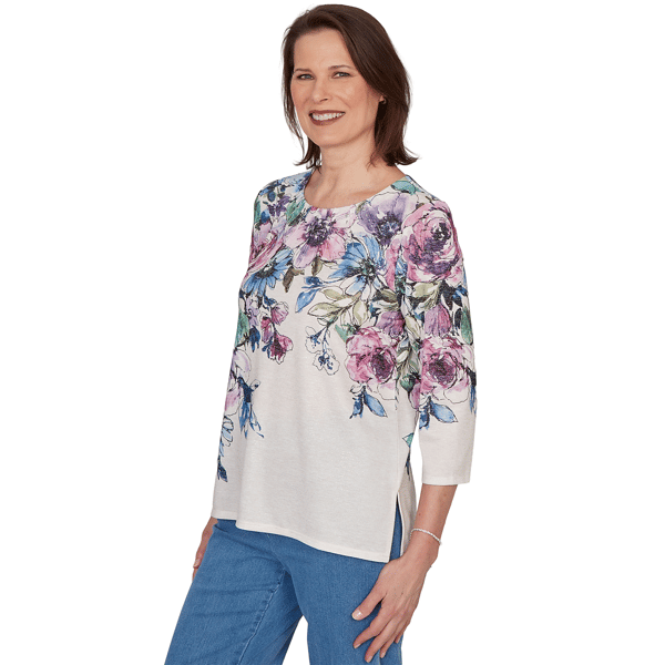 Womens Alfred Dunner Classics 3/4 Sleeve Falling Roses Blouse