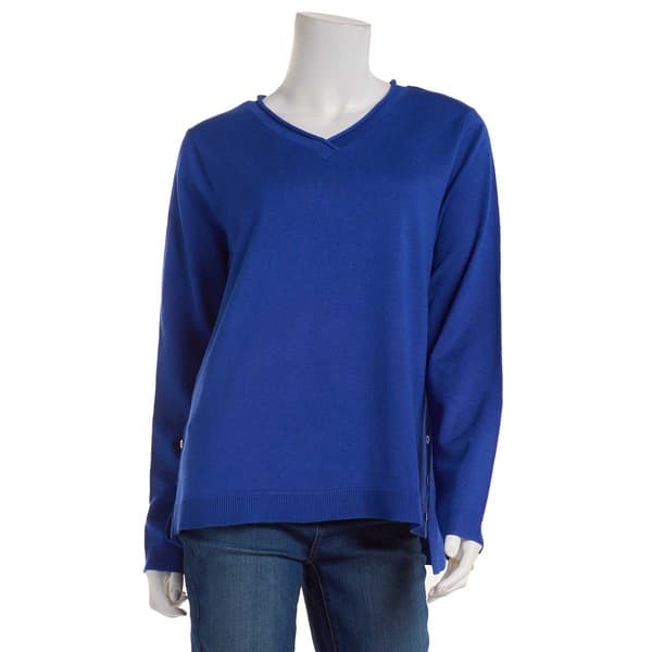 Womens Tint & Shadow Long Sleeve V Neck Button Side Slit Sweater - image 