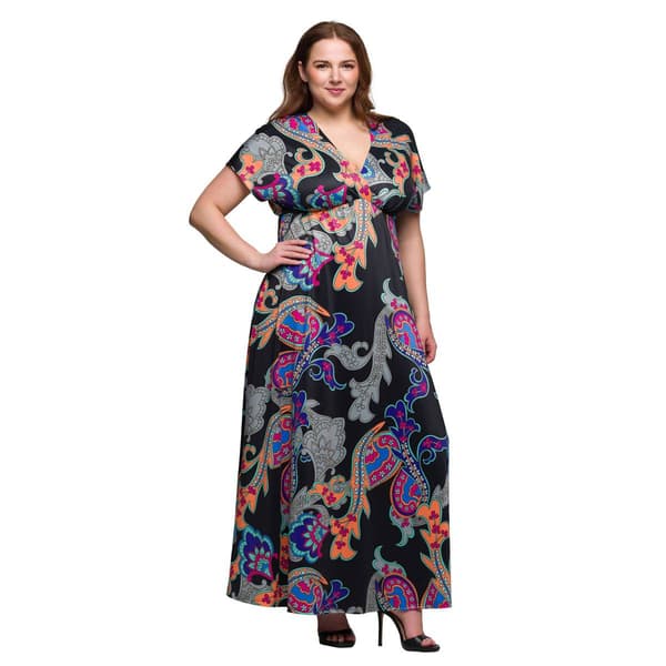 Plus Size 24/7 Comfort Apparel Black Paisley Sleeve Maxi Dress