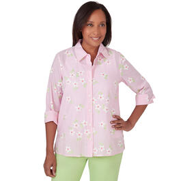 Petite Alfred Dunner Miami Beach Pinstripe Flower Embroidery Top