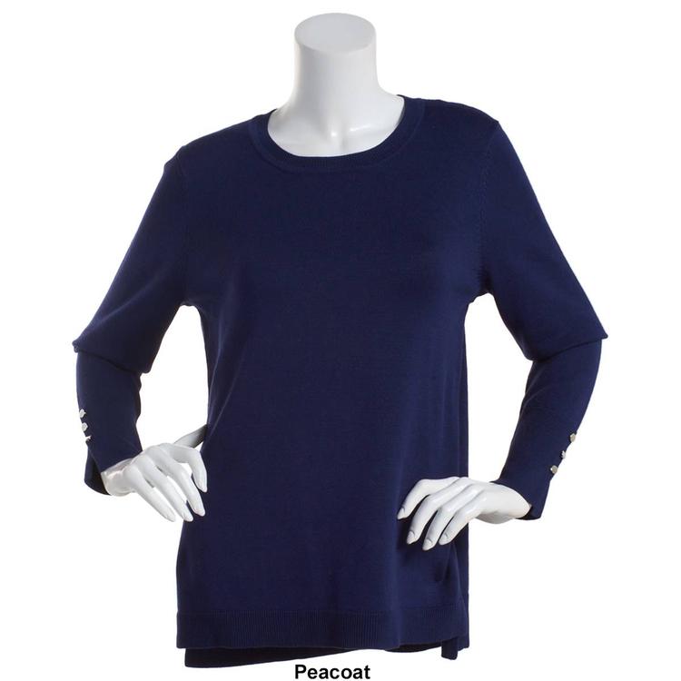 Plus Size Retrology Crew Neck Button Sleeve Side Slit Sweater