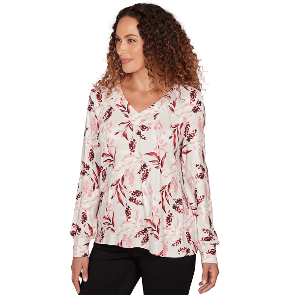 Petite Emaline Dusted Petals Long Sleeve V Neck Pintuck Blouse