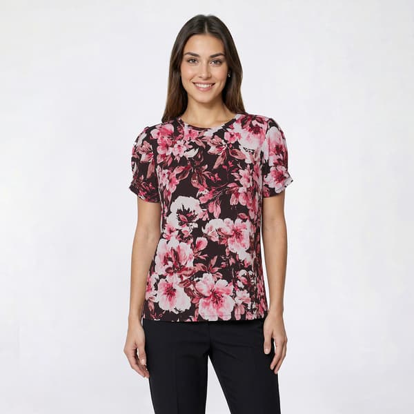 Petite Anne Klein Short Pleated Sleeve Big Floral Blouse - image 