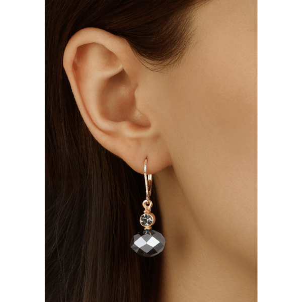 1928 Gold-Tone Rondell Black Crystal Drop Leverback Earrings