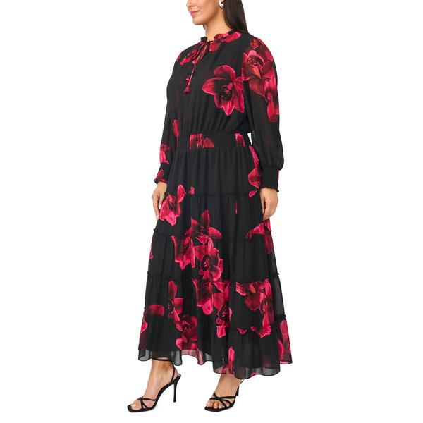 Plus Size MSK Long Sheer Sleeve Tie Neck Floral Tier Maxi Dress
