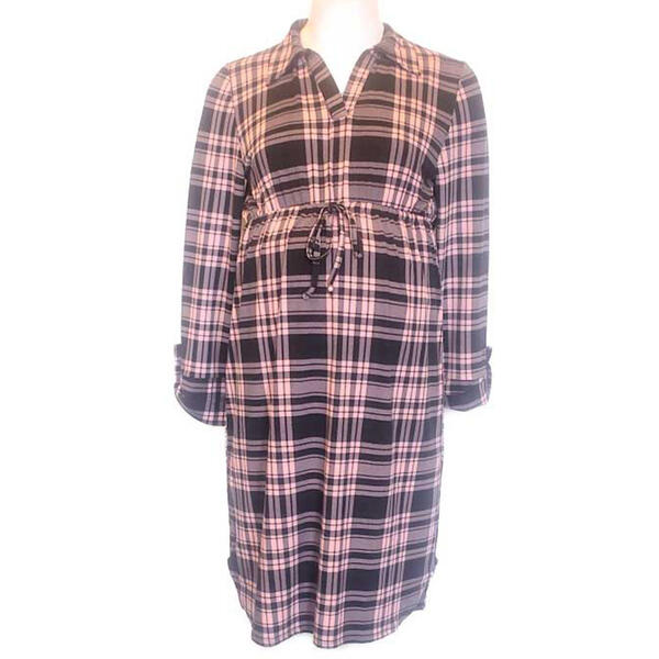 Womes Times Two 3/4 Sleeve Roll Tab Pink Plaid Maternity Dress - image 