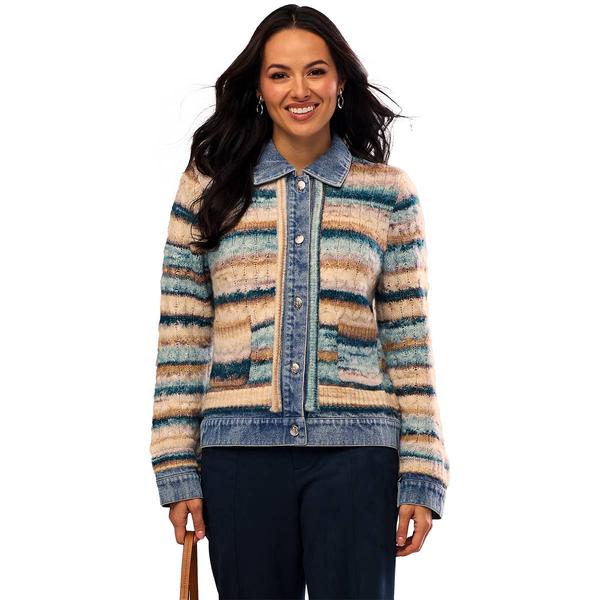 Womens Nanette Lepore Long Sleeve Stripe Denim Trim Cardigan
