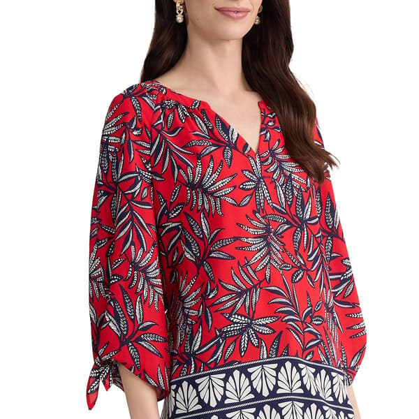 Womens Jones New York 3/4 Tie Sleeve Split Neck Leaf Blouse