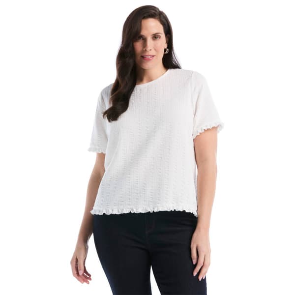 Plus Size Rafaella Elbow Ruffle Trim Slv Solid Pucker Top