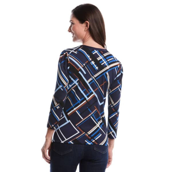 Womens Rafaella® 3/4 Puff Sleeve V Neck Tossed Stripe Blouse