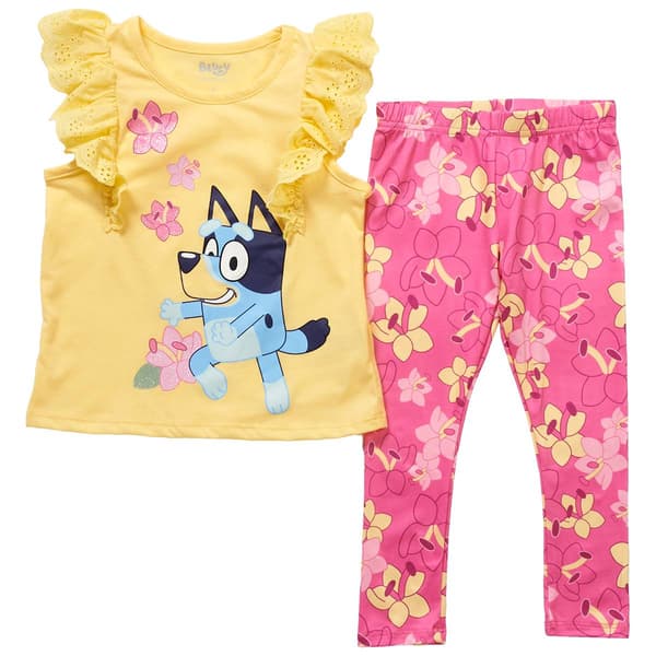 Girls &#40;4-6x&#41; Bluey Eyelet Ruffle Top & Floral Leggings Set - image 