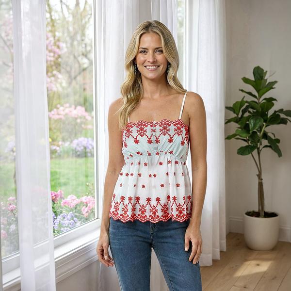 Womens Draper James Floral Eyelet Scalloped Hem Tank Top