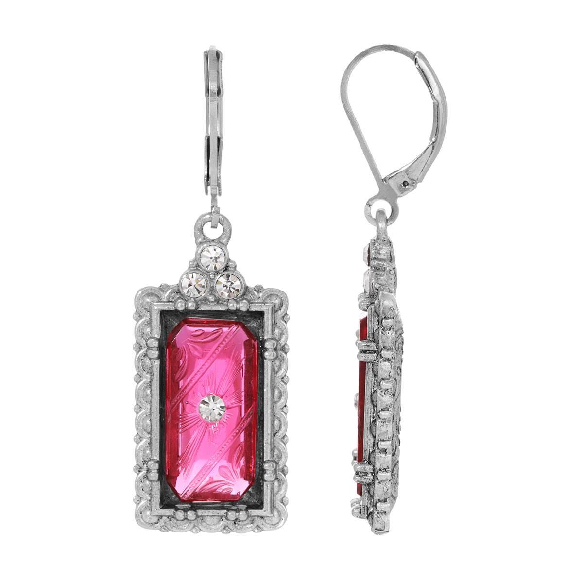 1928 Silver Tone Pink & Crystal Stone Earrings
