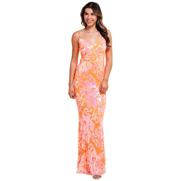 Juniors Crystal Doll Floral Sequin Mesh Sheath Dress - image 