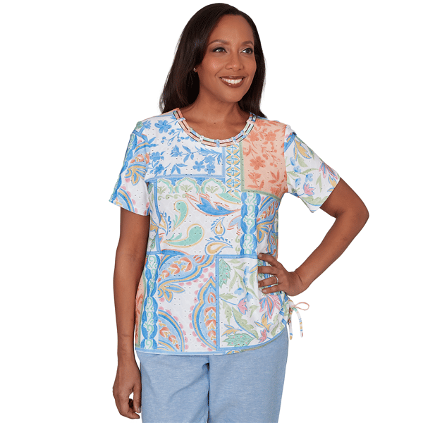 Petite Alfred Dunner Caribbean Blues Patchwork Paisley Blouse - image 