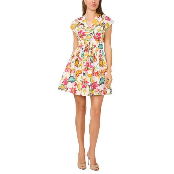 Womens Cece Cap Sleeve Floral Cotton Poplin Fit & Flare Dress