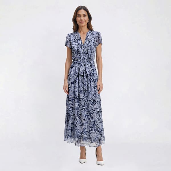 Womens MSK Short Sleeve Paisley Chiffon Pintuck Midi Dress