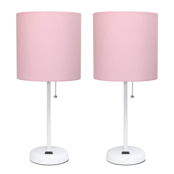 LimeLights White Stick Lamp w/Charging Outlet/Pink Shade-Set of 2
