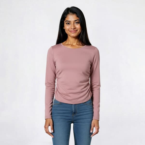 Juniors No Comment Fleece Lined Crew Neck Side Ruched Top - image 