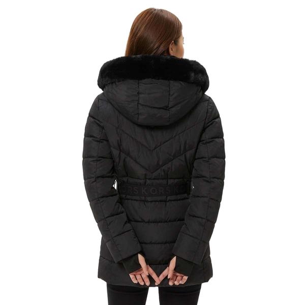 Womens Michael Kors Belted Puffer Coat with Faux Fur Collar