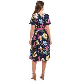 Plus Size Ellen Weaver Floral A-Line Ribbon Belt Dress - Navy