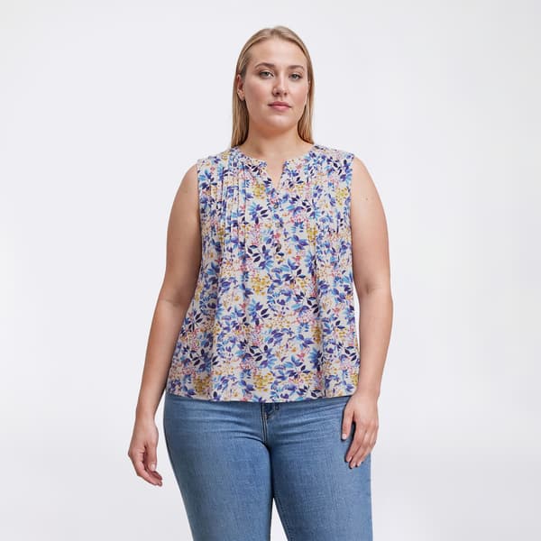 Plus Size Napa Valley Sleeveless Floral Pleat Henley Blouse
