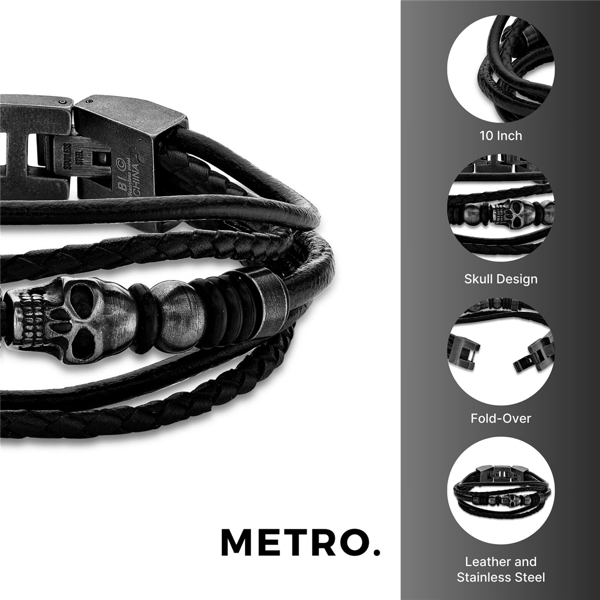 Mens Lynx Stainless Steel & Leather Skull Bracelet