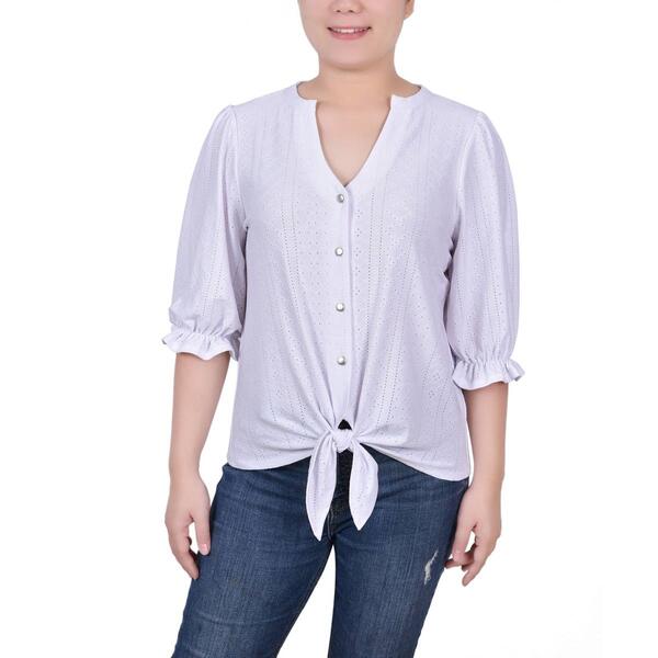 Womens NY Collection 3/4 Sleeve Eyelet Tie Front Button Down Top - image 