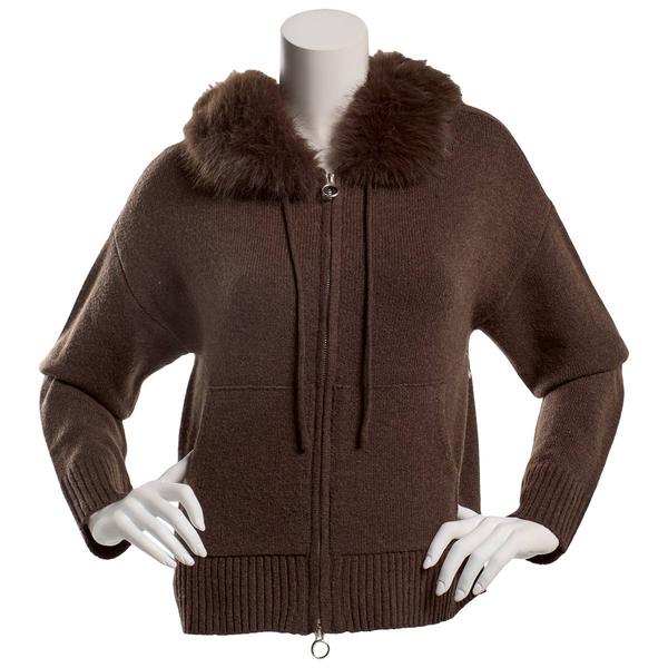 Juniors No Comment Sweater Zip Jacket with Detachable Fur Trim - image 