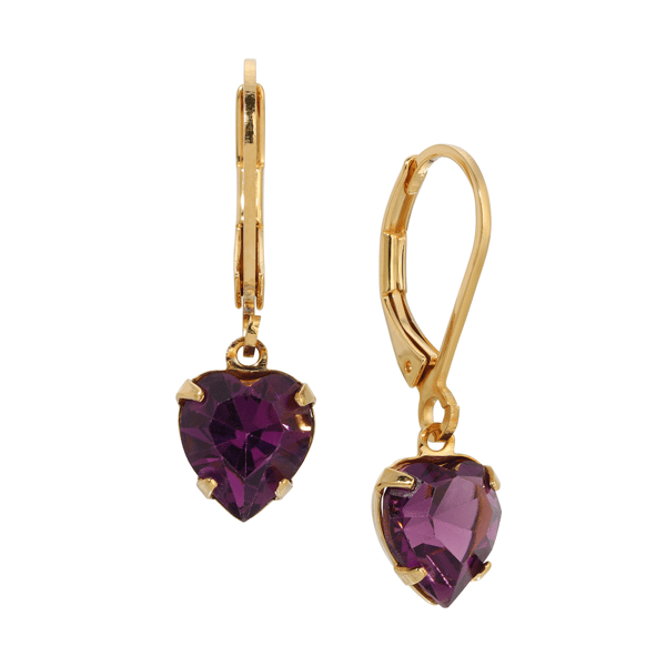 1928 Jewelry Purple Crystal Heart Leverback Earrings - image 