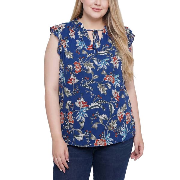 Plus Size NY Collection Flutter Sleeve Print Chiffon Tie Neck Bl