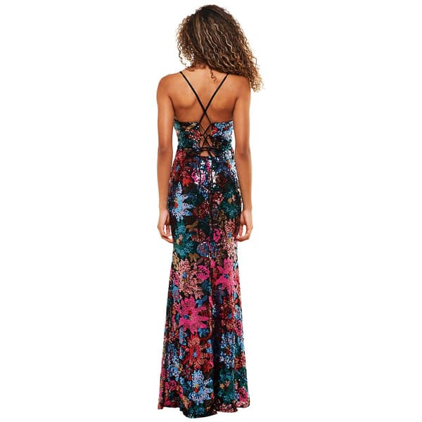 Juniors Crystal Doll Flower Pattern Sequin Slim Dress