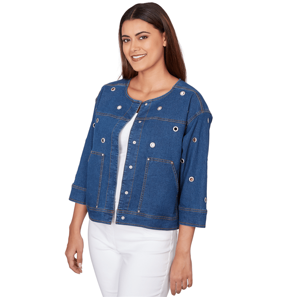 Petite Ruby Rd. Set Sail Grommet Detail Stretch Denim Jacket