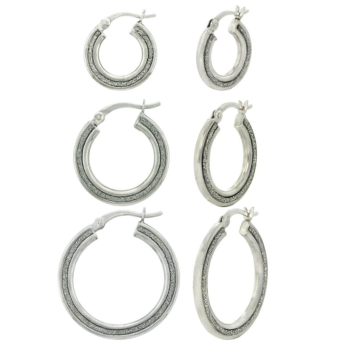Forever New 3pr. Sterling Silver Side Glitter Hoop Earrings...