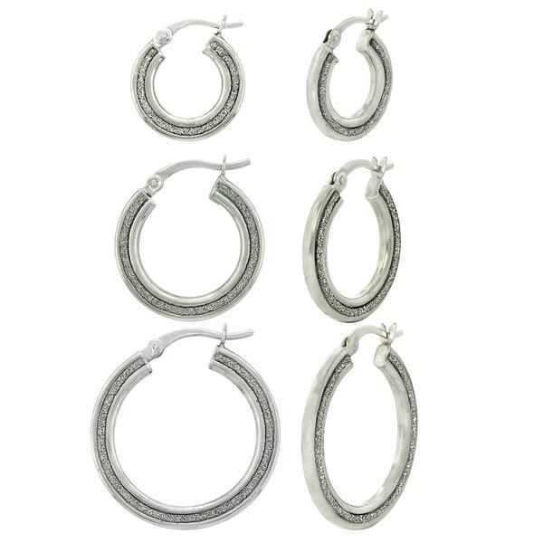 Forever New Sterling Silver Side Glitter Hoop Earrings - Set of 3 - image 