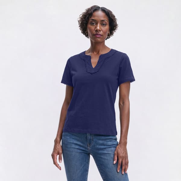 Womens LANDS’ END® Short Sleeve Split Neck Lace Trim Blouse