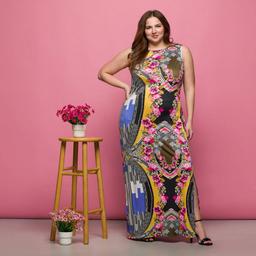 Plus Size 24/7 Comfort Apparel Geometric Floral Maxi Dress