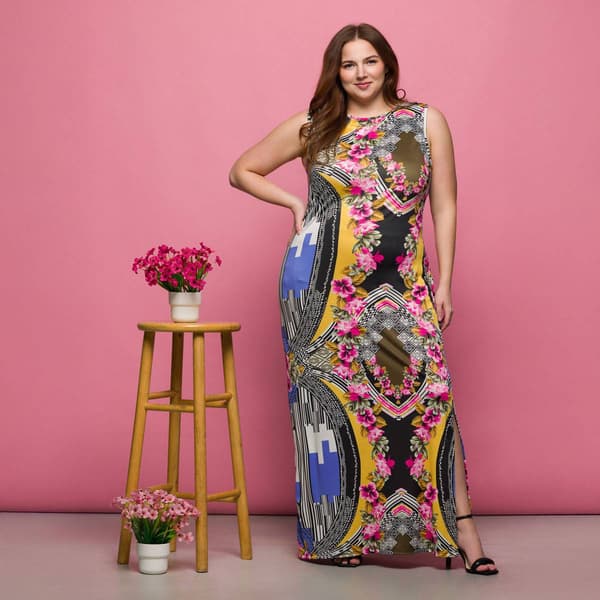 Plus Size 24/7 Comfort Apparel Geometric Floral Maxi Dress