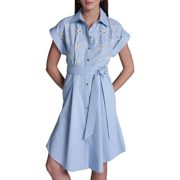 Womens Halston Short Sleeve Rolled Cuff Crochet Shirtdress