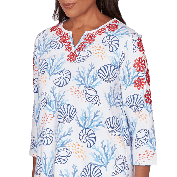 Petite Alfred Dunner Port Side Coastal Embroidered Blouse