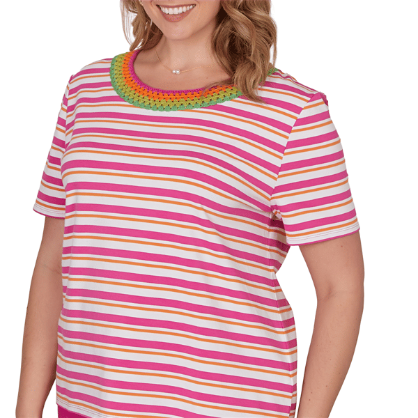 Plus Size Ruby Rd. Hothouse Florals Crochet Neck Stripe Tee