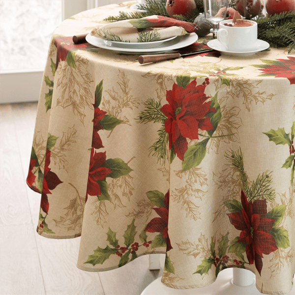 Threadmade Festive Poinsettia Holiday Fabric Tablecloth