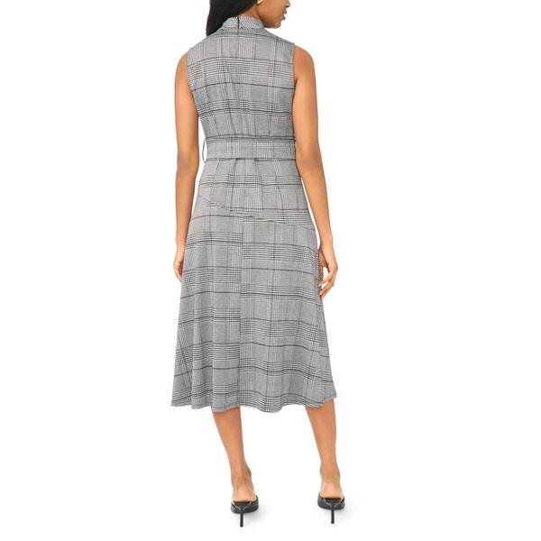 Womens MSK Sleeveless Mock Neck Belted Plaid Midi Dress